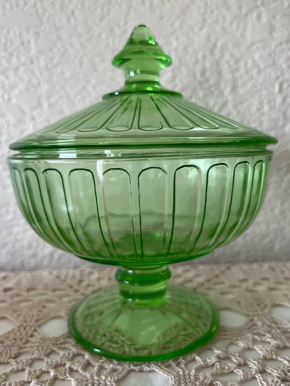 Vintage Uranium Glass Covered Compote Candy Dish Lid Pedestal UV Glow Green